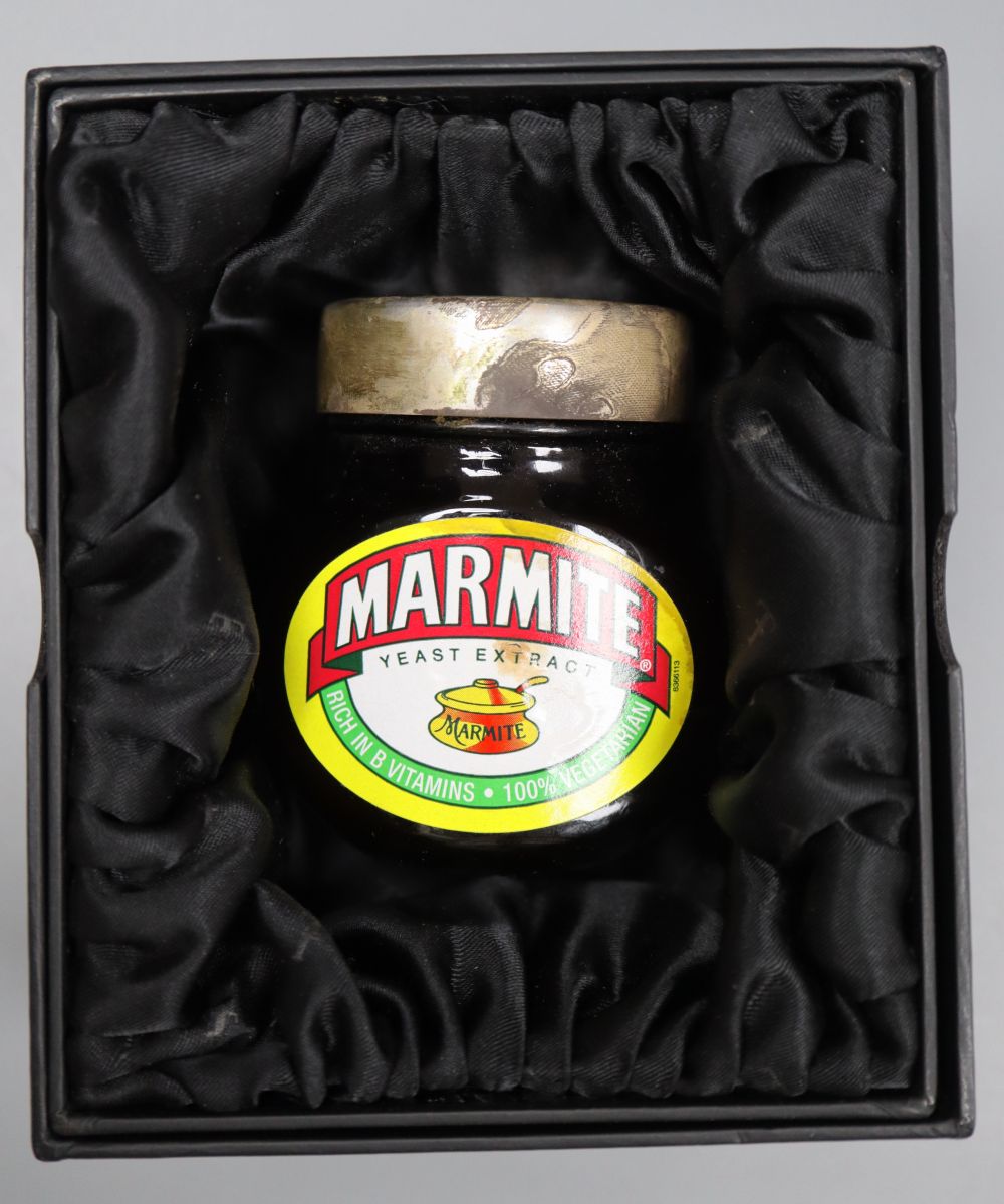 Two modern Theo Fennell silver lidded glass condiment jars (Marmite & Colmans Mustard), London, 2007,